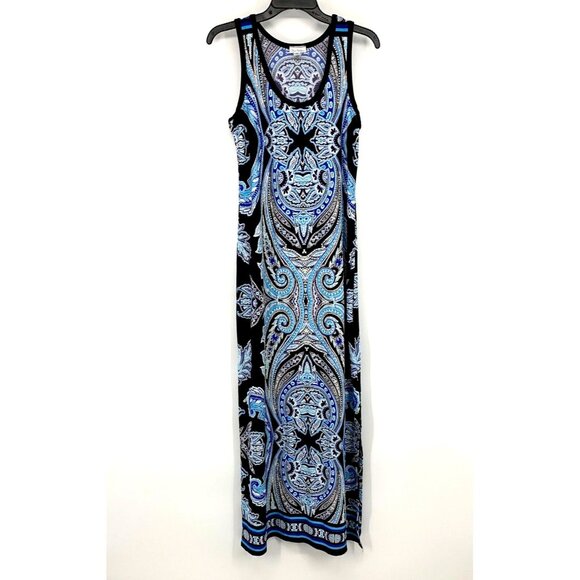 Olivia Matthews Dress Maxi Blue Black Printed Sleeveless Slit - Picture 1 of 10